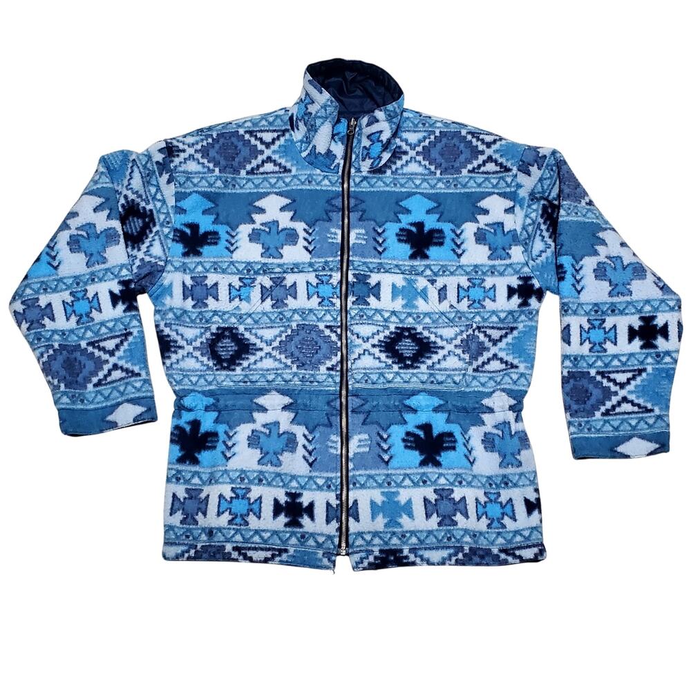 Navajo Native Aztec Thunderbird Fleece Reversible Jacket Vtg Sz M 90s